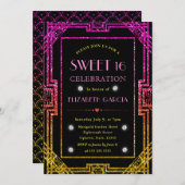 ピンクとイエローのグリッターアールデコフレーム甘い16 招待状 (正面/裏面)