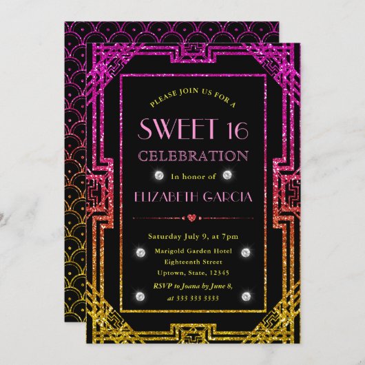 ピンクとイエローのグリッターアールデコフレーム甘い16 招待状 (正面/裏面)