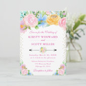 ピンクとイエローのサマー・フラワーズ・ウェディング 招待状 (スタンド正面)