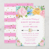 ピンクとイエローのサマー・フラワーズ・ウェディング 招待状 (正面/裏面)