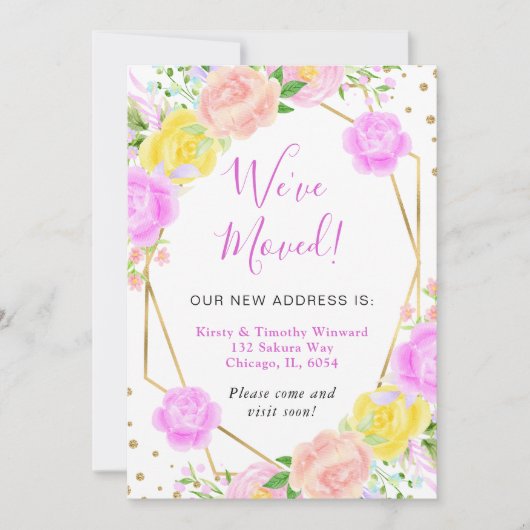 ピンクとイエローのサマー フラワーフレーム ご住所が変わりました 案内状 (正面)