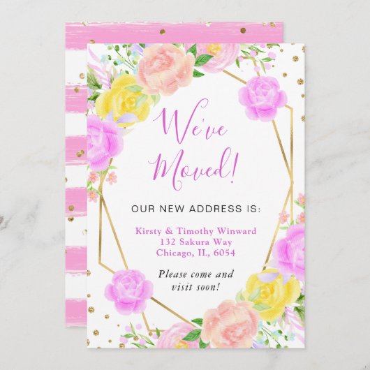 ピンクとイエローのサマー フラワーフレーム 移動しました 案内状 (正面/裏面)