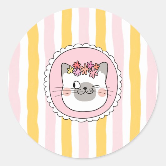 ピンクとイエローのストライプの猫 ラウンドシール (正面)