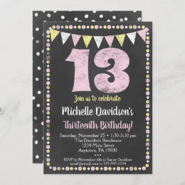 ピンクとイエローのチョークボード13歳の誕生日招待状 招待状