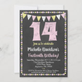 ピンクとイエローのチョークボード14歳の誕生日招待状 招待状 (正面)