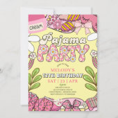 ピンクとイエローのデイジーのパジャマパーティー 誕生日 招待状 (正面)