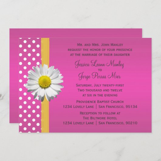 ピンクとイエローのデイジー結婚式招待状 招待状 (正面/裏面)