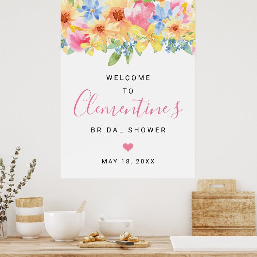 ピンクとイエローのフローラブライダルシャワーへようこそ ポスター (キッチン)