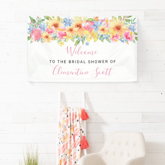 ピンクとイエローのフローラブライダルシャワーへようこそ 横断幕 (インサイチュ)