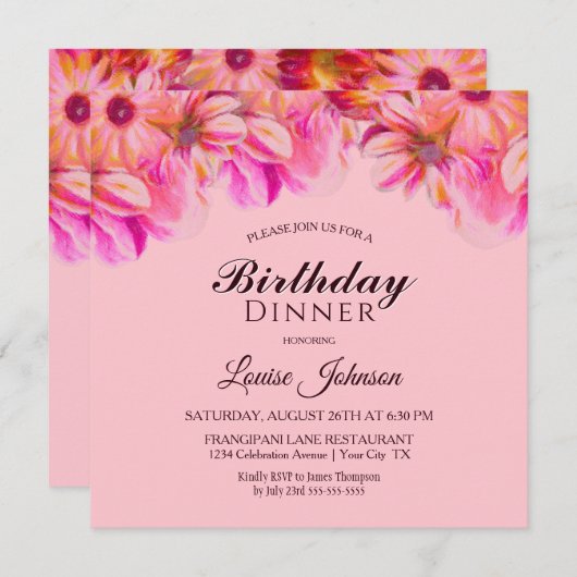 ピンクとイエローのフローラ誕生日ディナーパーティー 招待状 (正面/裏面)