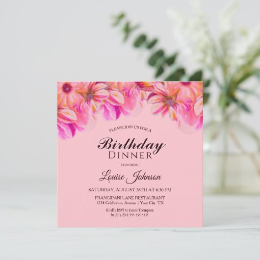 ピンクとイエローのフローラ誕生日ディナーパーティー 招待状 (スタンド正面)