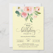 ピンクとイエローのフローラ80th誕生日パーティー 招待状 (正面)