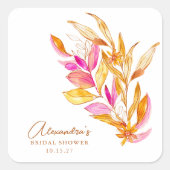 ピンクとイエローのミニマルボタニカル ブライダルシャワー スクエアシール (正面)