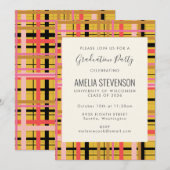 ピンクとイエローのモダンなチェック柄 卒業祝い 招待状 (正面/裏面)