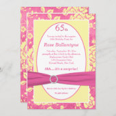 ピンクとイエローのリボン ６５歳の誕生日パーティー招待状 招待状 (正面/裏面)