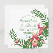 ピンクとイエローのレディースリッパーオーキッドの花輪 ウェディング 招待状 (正面/裏面)