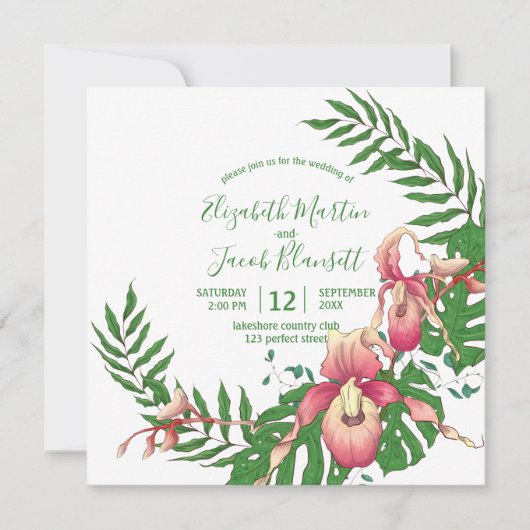 ピンクとイエローのレディースリッパーオーキッドの花輪 ウェディング 招待状 (正面)