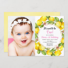 ピンクとイエローのレモン　女の子1歳の誕生日写真 招待状