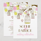 ピンクとイエローのヴィンテージ鳥かご ウェディング招待状 招待状 (正面/裏面)