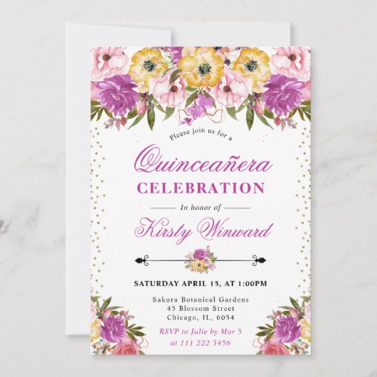ピンクとイエローの夏の花のキンセアニエラ 招待状 (正面)