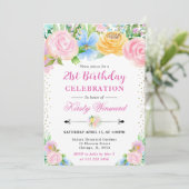 ピンクとイエローの夏の花の誕生日 招待状 (スタンド正面)