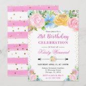 ピンクとイエローの夏の花の誕生日 招待状 (正面/裏面)