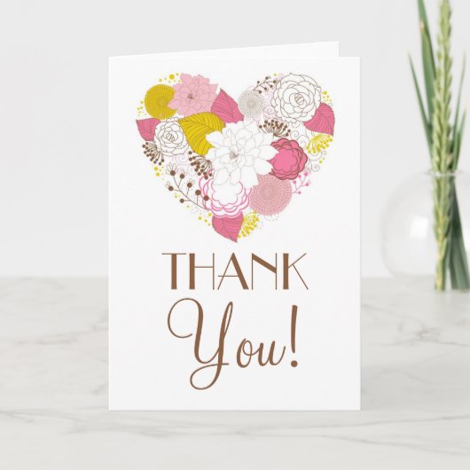 ピンクとイエローの春の花のハートの感謝カード サンキューカード (正面)
