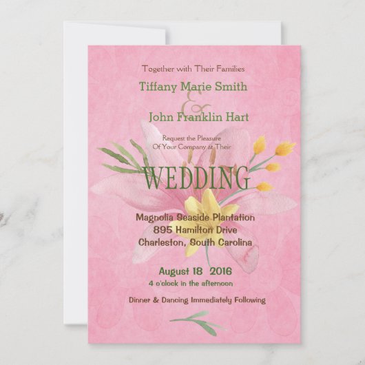 ピンクとイエローの水彩画ウェディング  招待状 (正面)