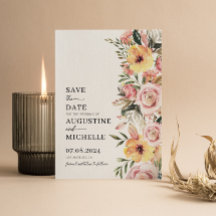 ピンクとイエローの水彩花イラストの春の結婚式