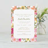 ピンクとイエローの水彩花柄のバット・ミッツヴァ 招待状 (スタンド正面)