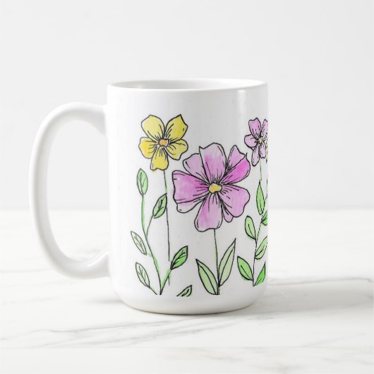 ピンクとイエローの水彩花 コーヒーマグカップ (左)