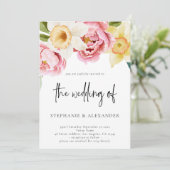 ピンクとイエローの花のスクリプトQRコードウェディング 招待状 (スタンド正面)
