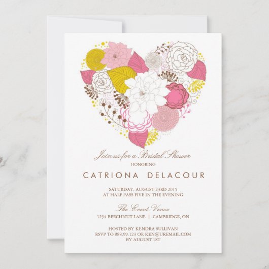 ピンクとイエローの花のハート型 ブライダルシャワー招待状 招待状 (正面)