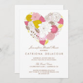 ピンクとイエローの花のハート型 ブライダルシャワー招待状 招待状 (正面/裏面)