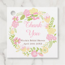 ピンクとイエローの花のリース ブライダルシャワー