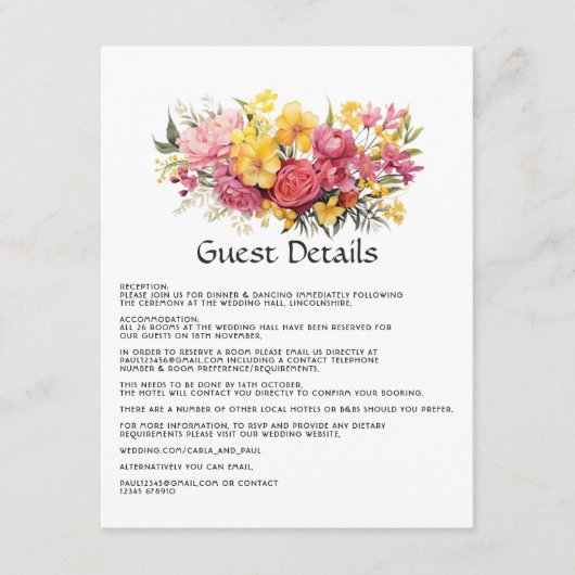 ピンクとイエローの花の結婚式ゲスト詳細 エンクロージャーカード (正面)