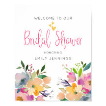 ピンクとイエローの花柄 ブライダルシャワーのウェルカムサイン