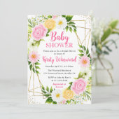 ピンクとイエローの花 & ゴールドフレーム ベビーシャワー 招待状 (スタンド正面)