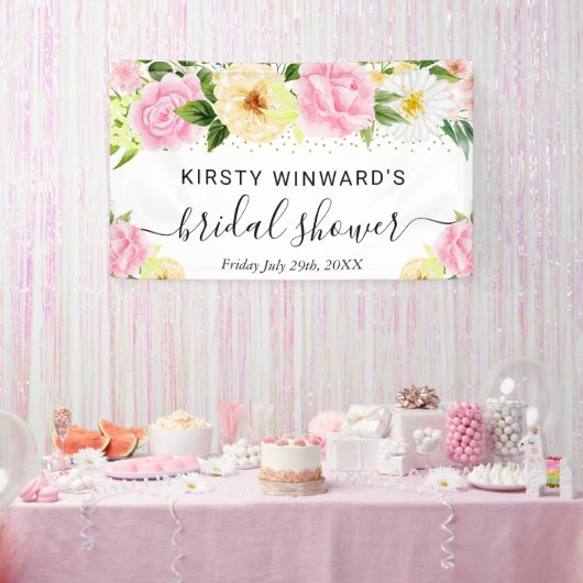 ピンクとイエローの花 ブライダルシャワー ウェルカム 横断幕 (パーティー)