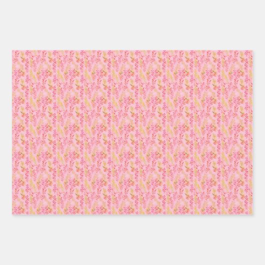 ピンクとイエローの葉がピンクの上に ラッピングペーパーシート (正面2)