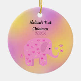 ピンクとイエローの象 赤ちゃんの初めてのクリスマス セラミックオーナメント