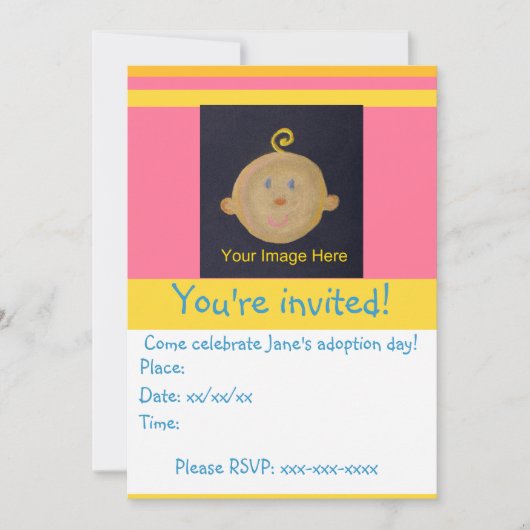 ピンクとイエローの養子縁組パーティー招待状 招待状 (正面)