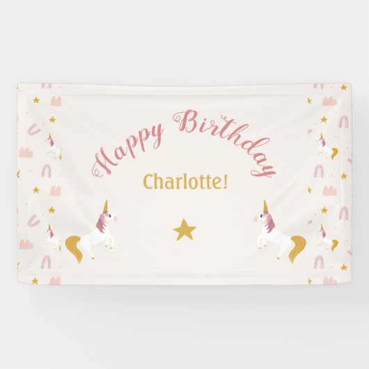 ピンクとイエローの魔法のユニコーンと虹 横断幕 (横)