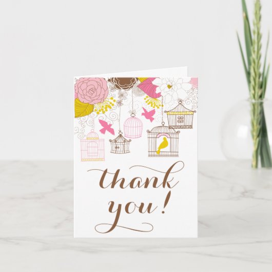 ピンクとイエローの鳥かご 春の花 フラワーの感謝 サンキューカード (正面)