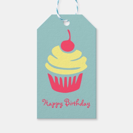 ピンクとイエローカップケーキさくらんぼオントップ誕生日 ギフトタグ (正面)