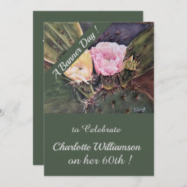 ピンクとイエローサボテン水彩誕生日フローラ 招待状