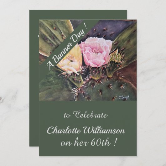 ピンクとイエローサボテン水彩誕生日フローラ 招待状 (正面/裏面)