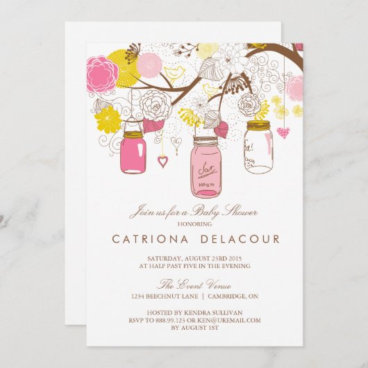 ピンクとイエローメイソンジャースベビーシャワー招待状 招待状 (正面/裏面)