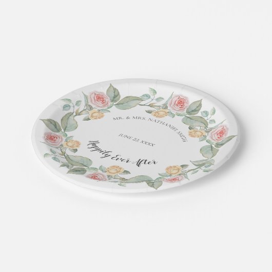 ピンクとイエローローズリース結婚の紙プレート ペーパープレート (アングル)