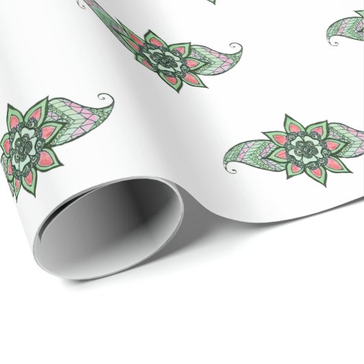 ピンクとインスパイアグリーンのギフトラップのヘナデザイン ラッピングペーパー (ロールコーナー)